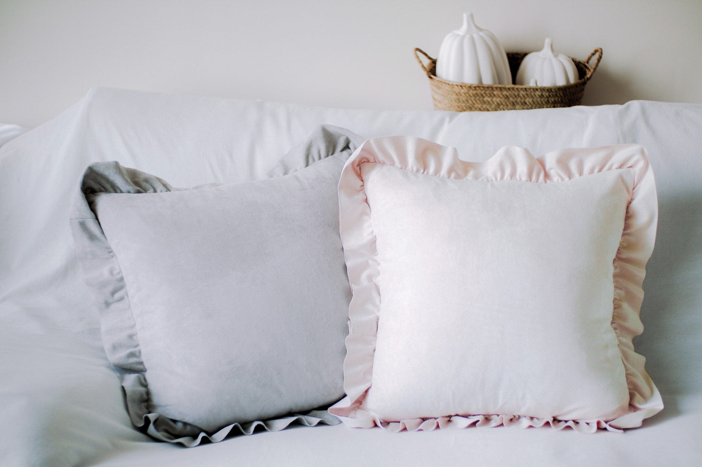 French Chic Ruffled Faux Suede Pillow Covers 18 x 18 / Living Room and Bedroom / Fall Thanksgiving Christmas
