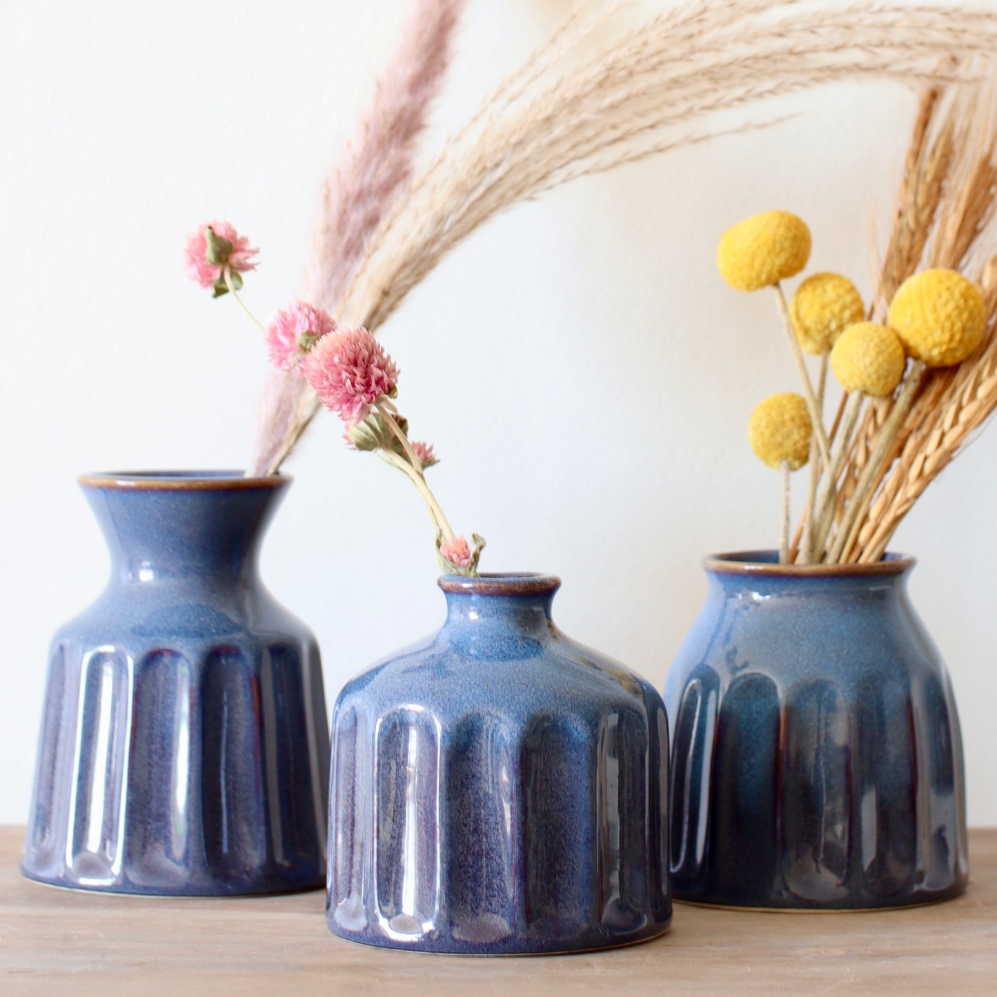Blue Ceramic Vase for Home Decor, Set of 3, Small Ribbed Vase Set