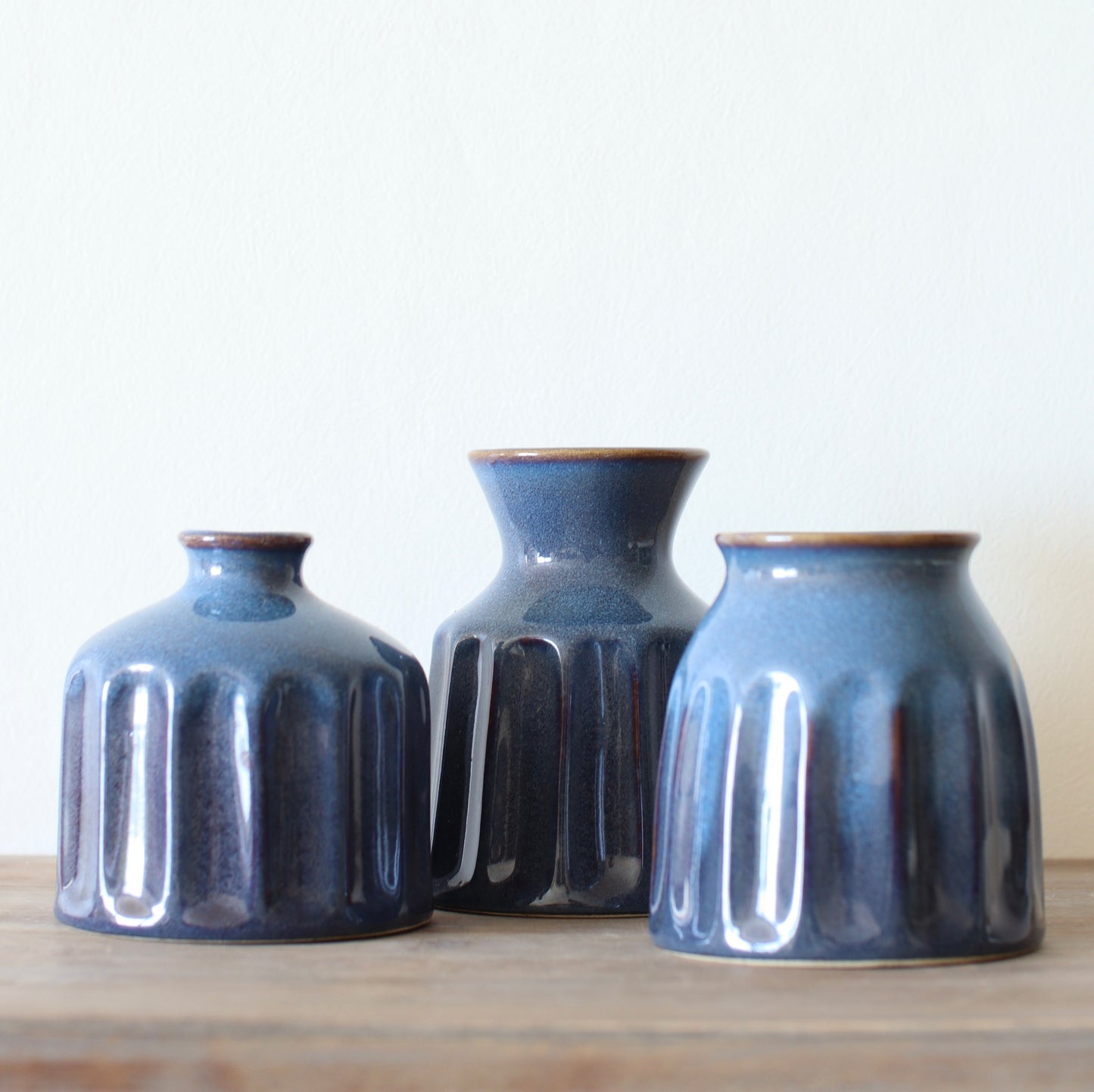 Blue Ceramic Vase for Home Decor, Set of 3, Small Ribbed Vase Set
