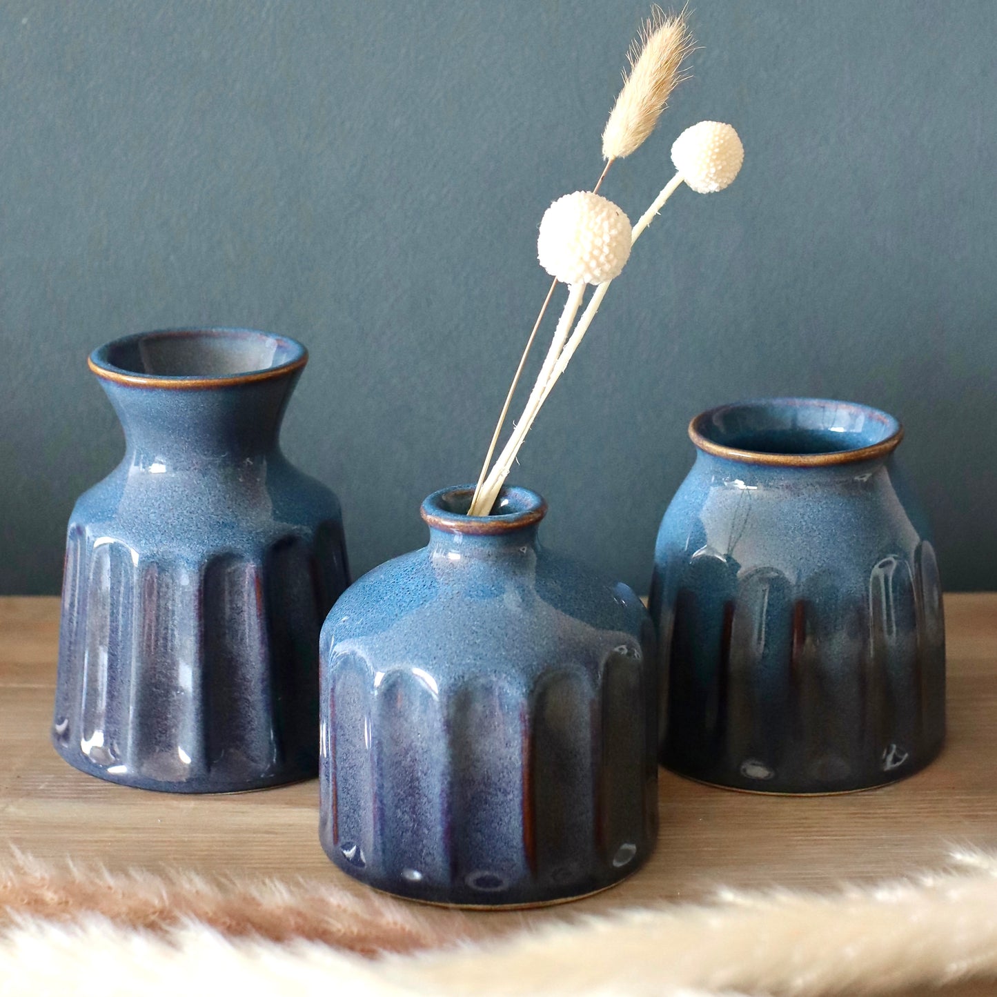 Blue Ceramic Vase for Home Decor, Set of 3, Small Ribbed Vase Set