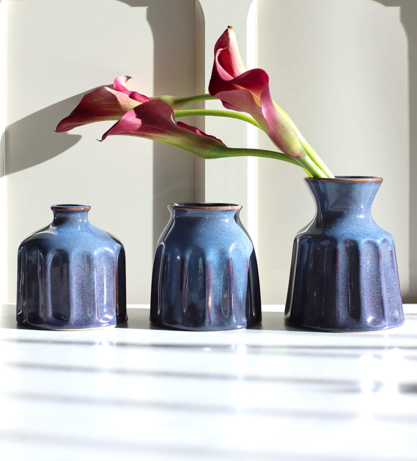 Blue Ceramic Vase for Home Decor, Set of 3, Small Ribbed Vase Set