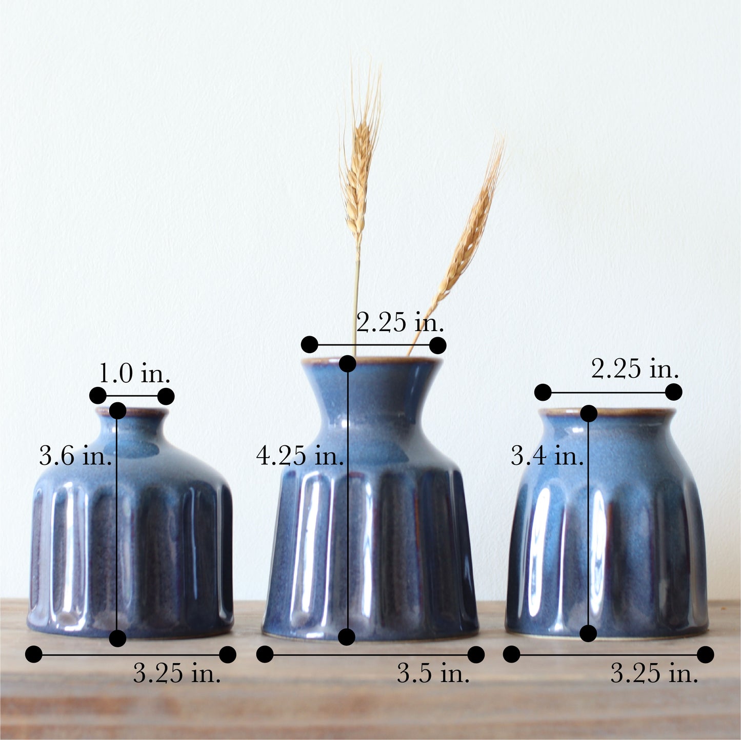 Blue Ceramic Vase for Home Decor, Set of 3, Small Ribbed Vase Set